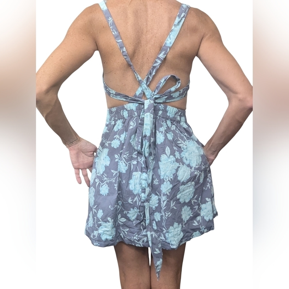 Free People Floral Open Back Mini Dress Blue Ruched Size S - Picture 8 of 12